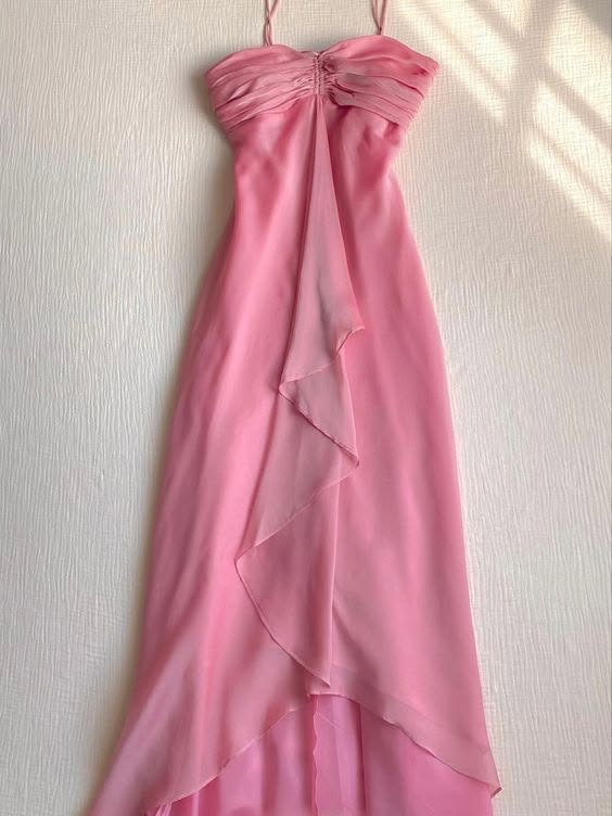 Robe de soirée longue vintage en mousseline de soie rose à volants et dos nu, DP3658