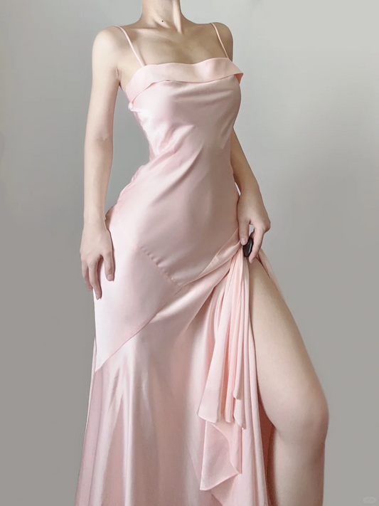 Elegant Pink Spaghrtti Straps A-Line Satin Long Party Dress Weding Guest Dress, DP5370