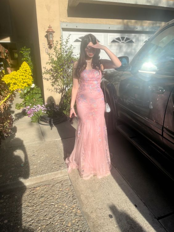Robe de bal longue sirène rose à bretelles et appliques en tulle, DP2806