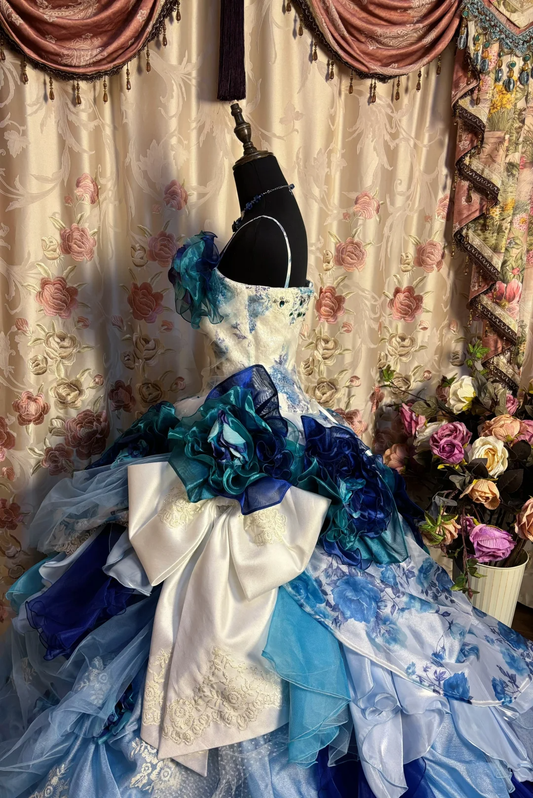 Blue Straps A-Line Floral Printed Retro Long Evening Dress Birthday Ball Gown, DP5127