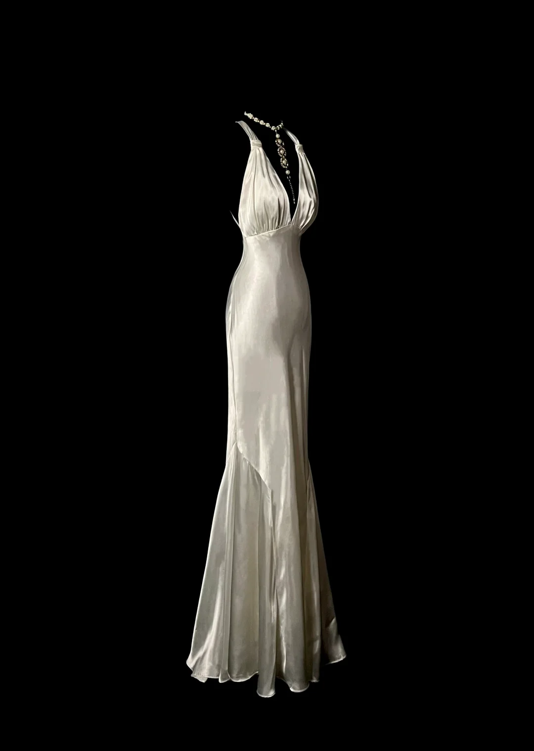 Charming White V Neck Cross Back Mermaid Satin Vintage Long Party Dress, DP5412