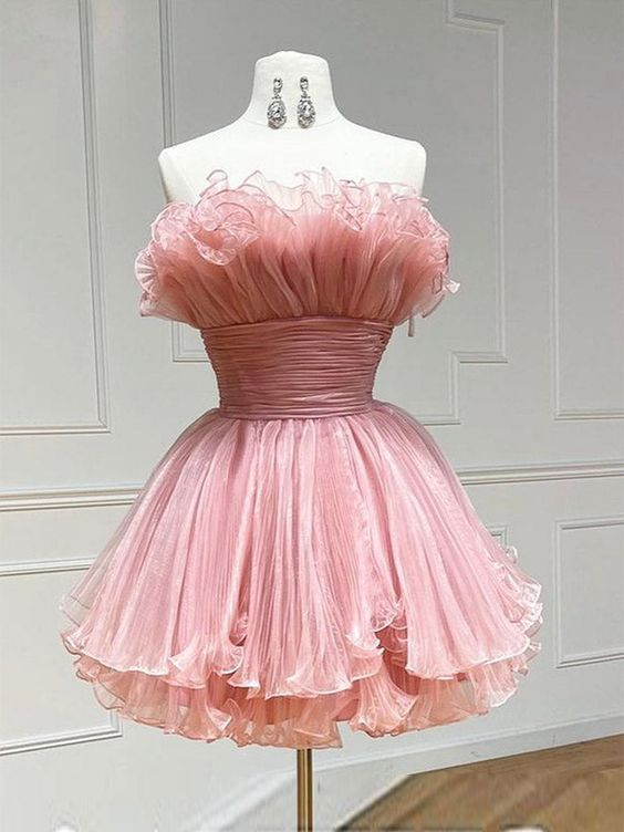 Robe de soirée rose sans bretelles, coupe trapèze, en mousseline, tenue d'anniversaire, DP3198