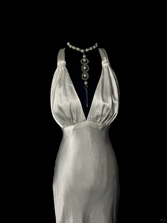 Charming White V Neck Cross Back Mermaid Satin Vintage Long Party Dress, DP5412