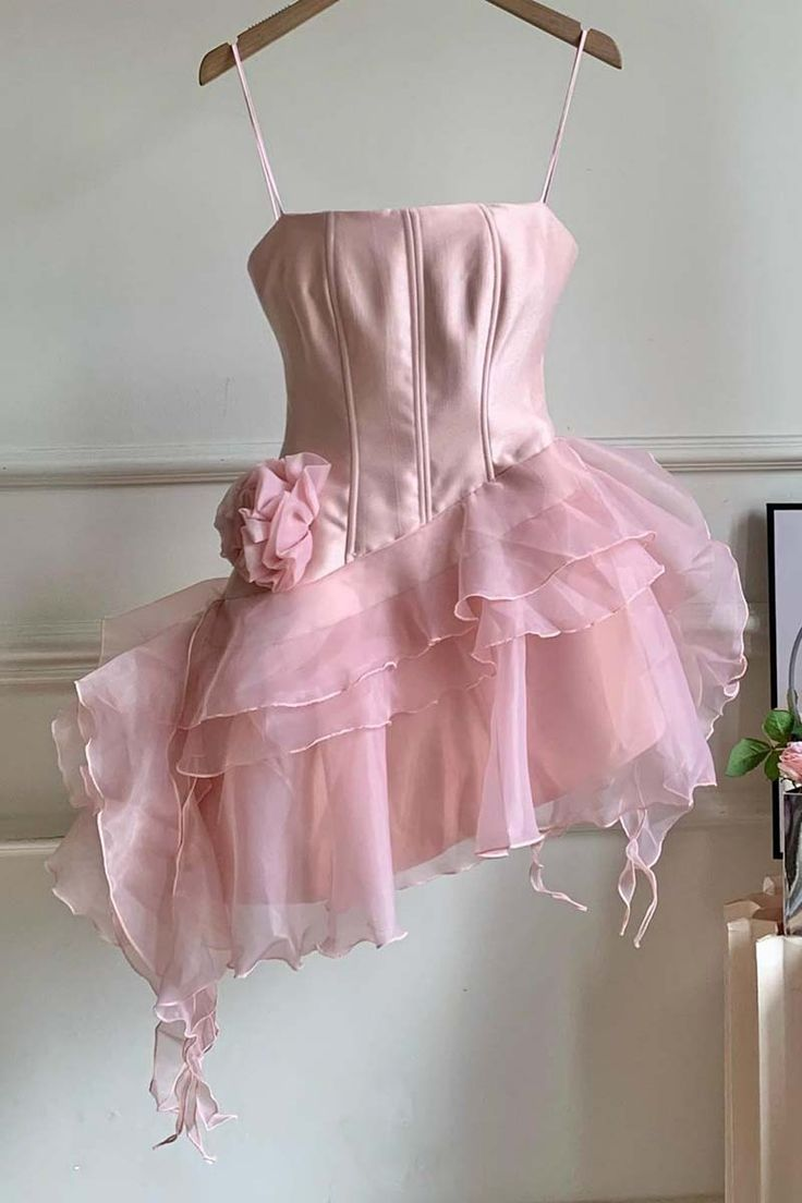 Robe d'anniversaire courte à bretelles roses et volants, robe de soirée, DP3116