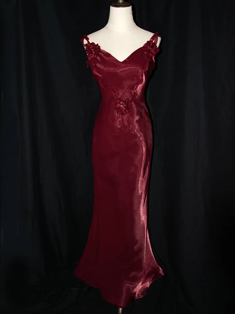 Robe de soirée longue rouge foncé à fleurs vintage, col en V, style sirène, DP3144
