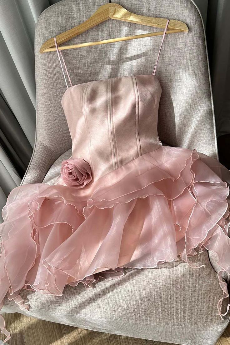 Robe d'anniversaire courte à bretelles roses et volants, robe de soirée, DP3116