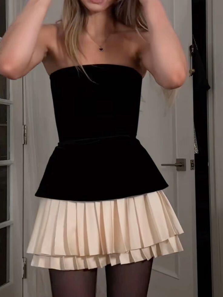 Robe courte plissée noire et ivoire sans bretelles, coupe trapèze, tenue de soirée d'anniversaire, DP3036
