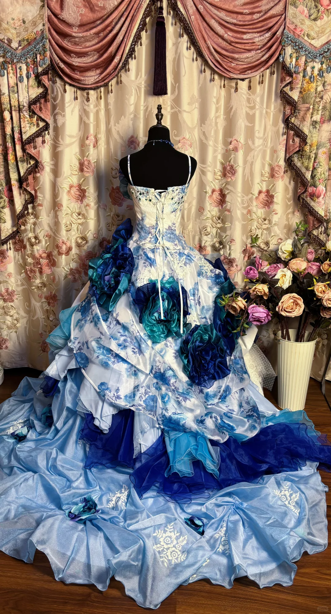 Blue Straps A-Line Floral Printed Retro Long Evening Dress Birthday Ball Gown, DP5127