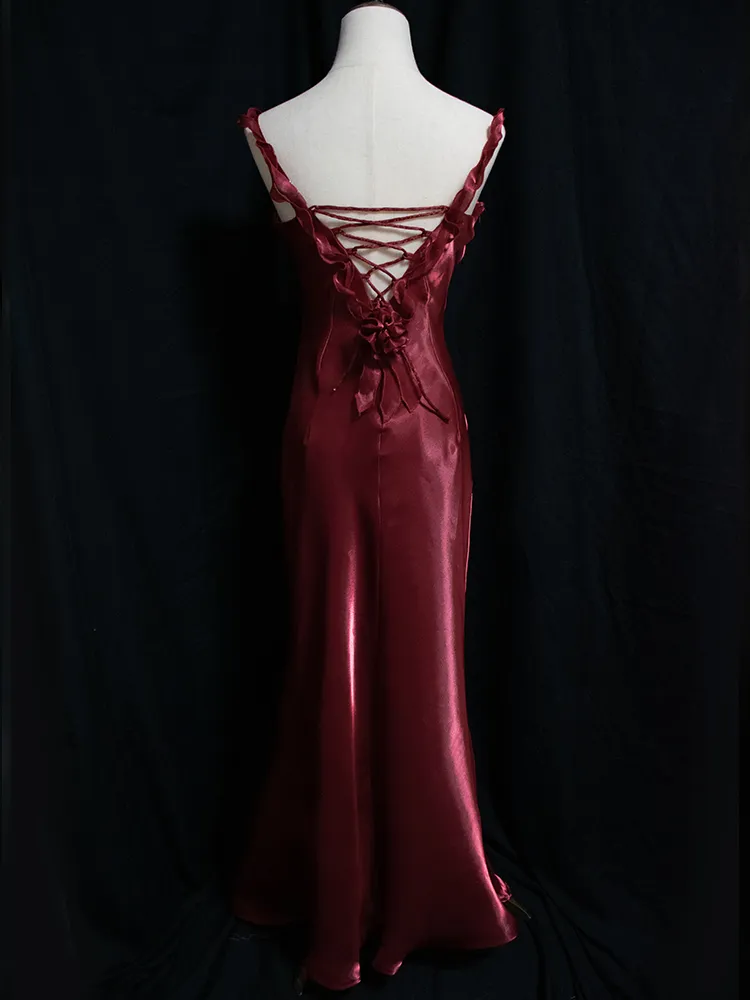 Robe de soirée longue rouge foncé à fleurs vintage, col en V, style sirène, DP3144