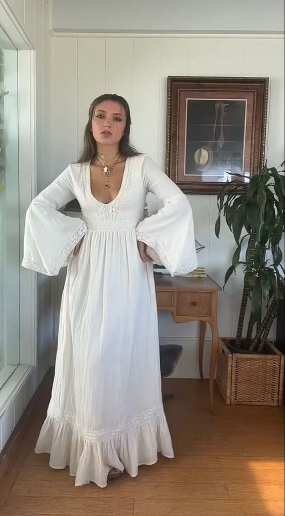 Robe de vacances blanche vintage à col en V et manches longues, DP3437