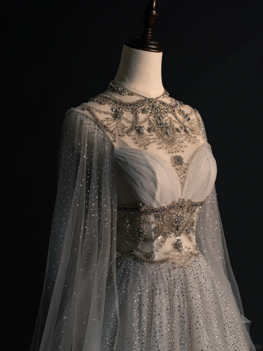 Gorgeous A-Line Tulle Beading Long Prom Dress Evening Gown with Cape, DP5217