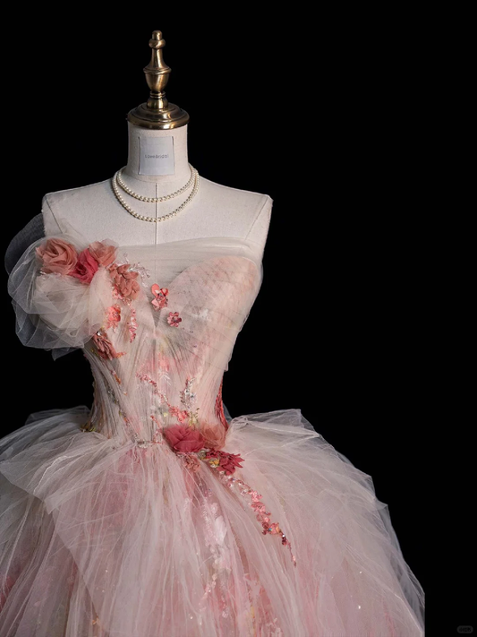 Pink Strapless Floral Tulle A-Line Long Prom Dresses Evening Ball Gowns, DP5119