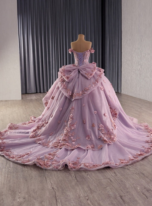 Robe de bal de quinceañera vintage lilas à fleurs, épaules dénudées, ornée de fleurs 3D en tulle, traîne cathédrale DP7250