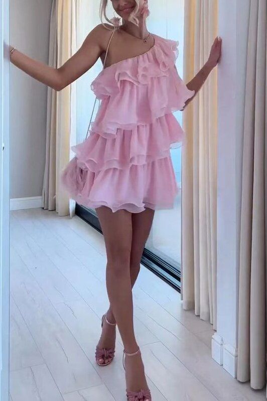 Robe de soirée courte rose à volants et épaule dénudée, DP2810