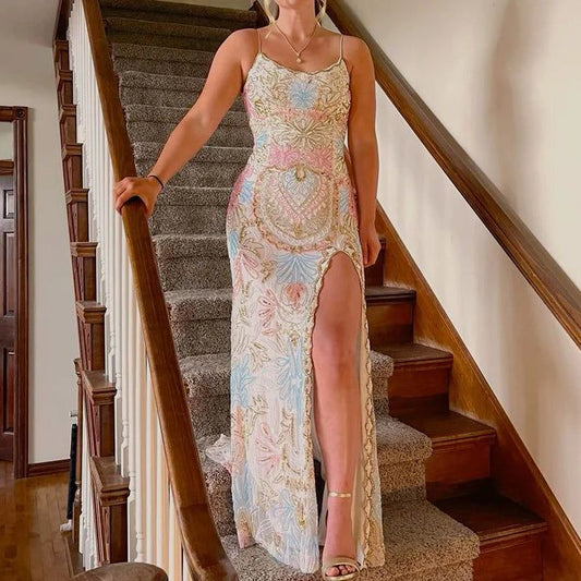 Vintage Colorful Applique Spaghetti Strap Floral Design Elegant Bridesmaid Dress Evening Dress Prom Dress DP6124