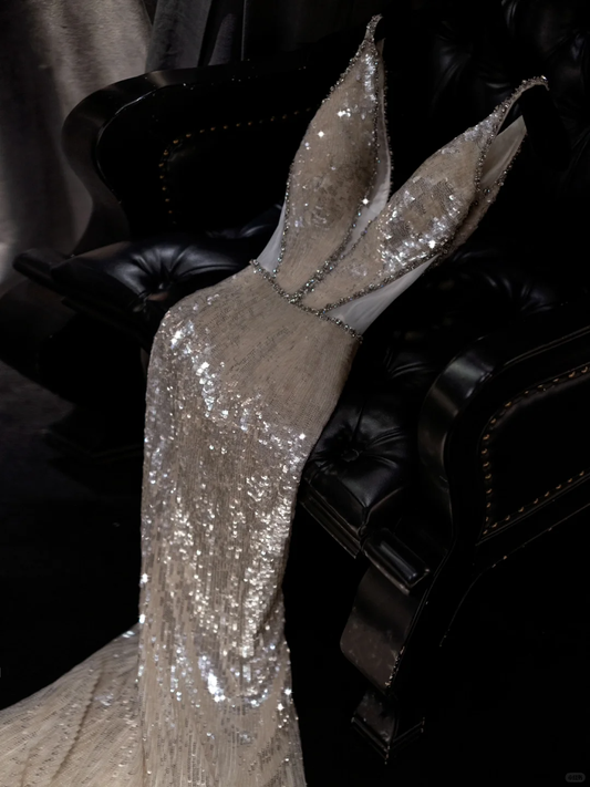 Gorgeous Champagne Sequin Deep V-Neck Mermaid Sparkly Formal Evening Gown DP7341