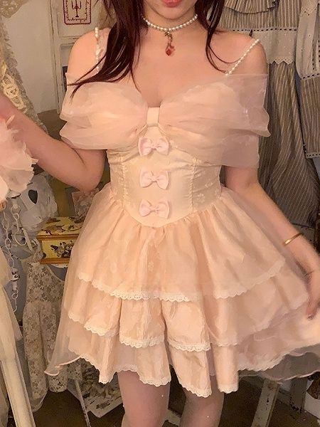 Lovely Pink Off-the-Shoulder Homecoming Dress Bow Tiered Lace Hem Mini Party Gown DP8262