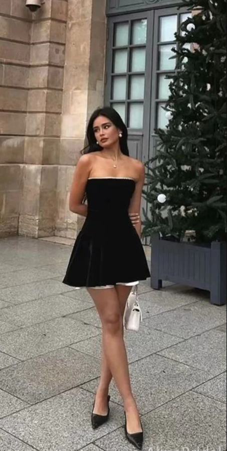 Black Strapless A-Line Velvet Lovely Mini Homecoming Dress, DP2984