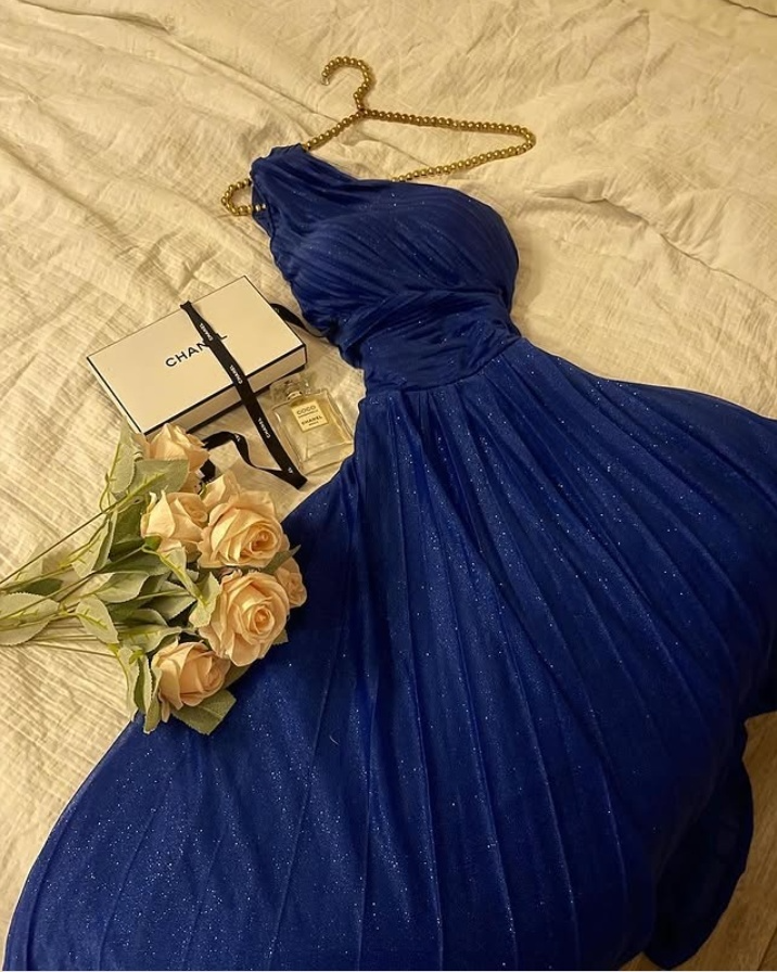 Robe de soirée longue bleu roi asymétrique, coupe trapèze, DP3328