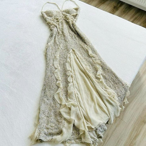 Shiny Vintage Straps Ruffles Beautiful Long Evening Dress, DP2513
