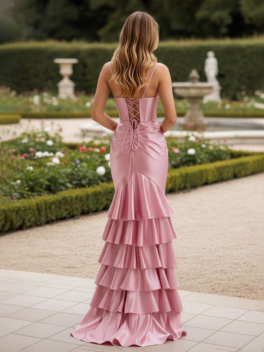 Vintage Pink Strapless Mermaid Evening Gown High Slit Ruffled Hem Prom Dress DP8289