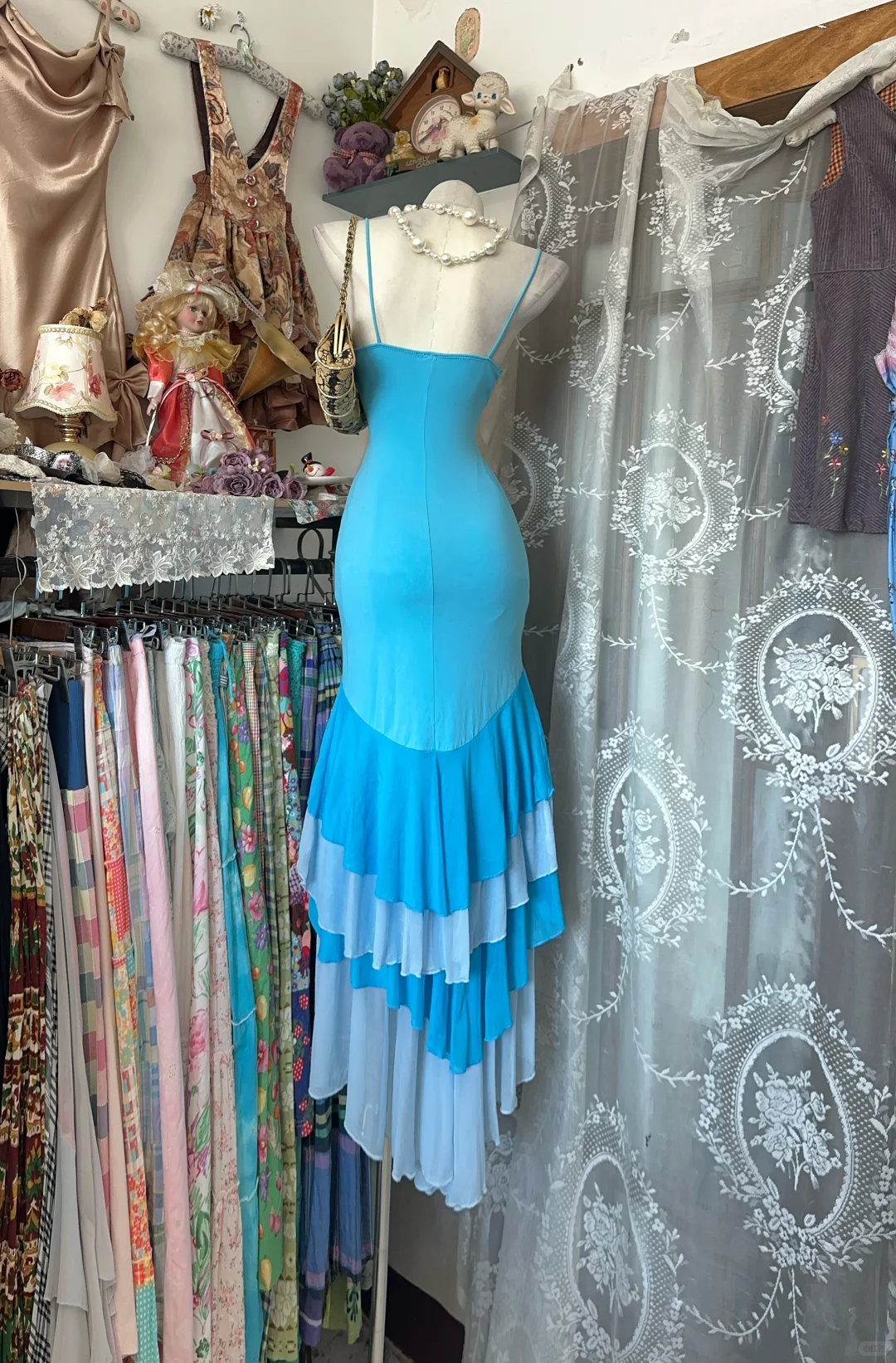 Vintage Light Blue Floral Appliques Tiered Ruffle Prom Dress DP8337