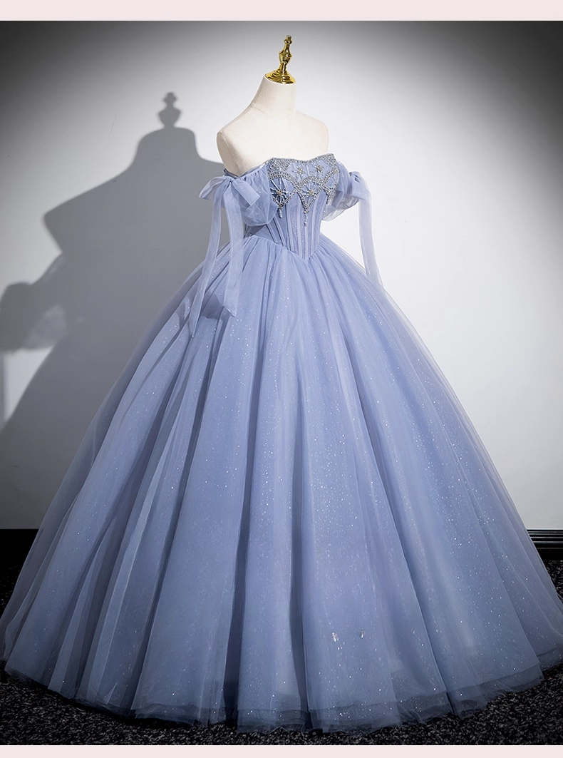 Vintage Dusty Blue Tulle Sweet 16 Quinceanera Beaded Evening Dress A-Line Floor Length Ball Gown DP6915