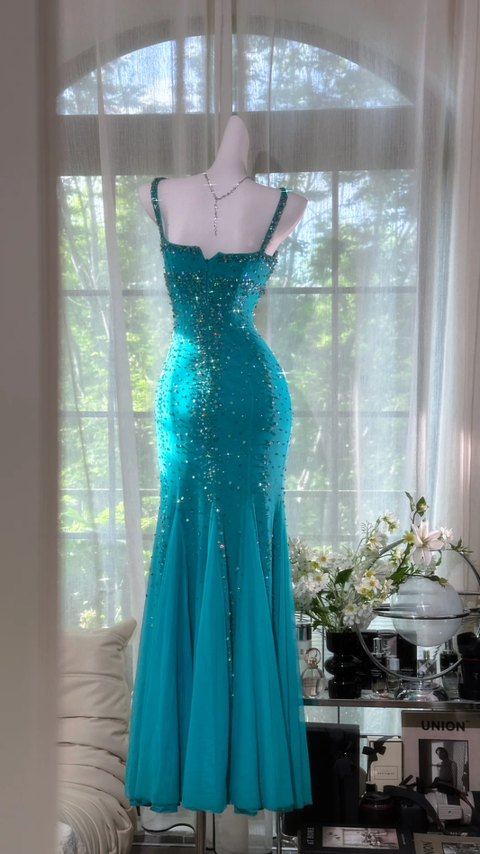 Vintage Blue Mermaid Long Prom Dress Shiny Beaded Chiffon Spaghetti Strap Formal Dress, DP6546