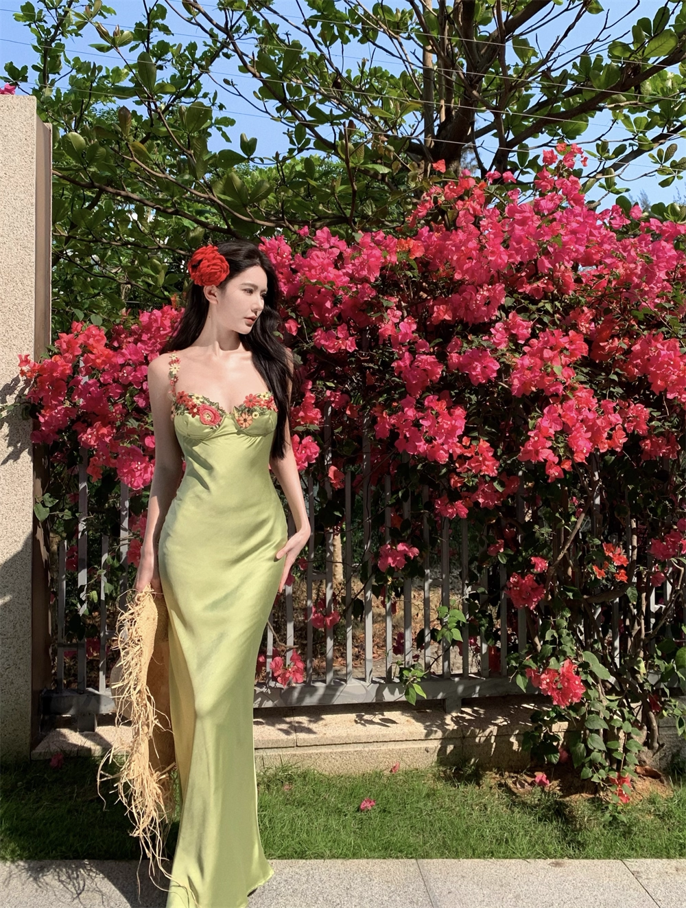 Vintage Green Floral Mermaid Spaghetti Strap Design Satin Prom Dress Evening Dress DP6235