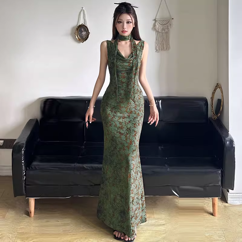 Vintage Green Floral V-neck Mermaid Summer Dresses Prom Dress Evening Dress DP6344