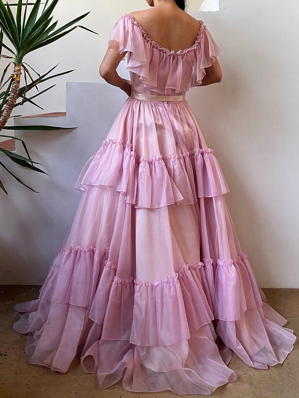 Elegant Pink Off-the-Shoulder Ruffle Tiered Tulle Sweet 15 Quinceanera Ball Gown DP8553