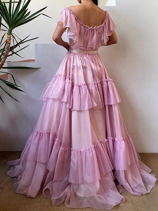 Elegant Pink Off-the-Shoulder Ruffle Tiered Tulle Sweet 15 Quinceanera Ball Gown DP8553