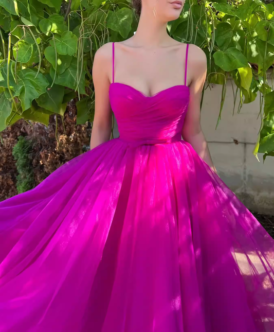 Elegant Fuchsia Spaghetti Strap Sweetheart Tulle A-Line Midi Evening Dress DP8093