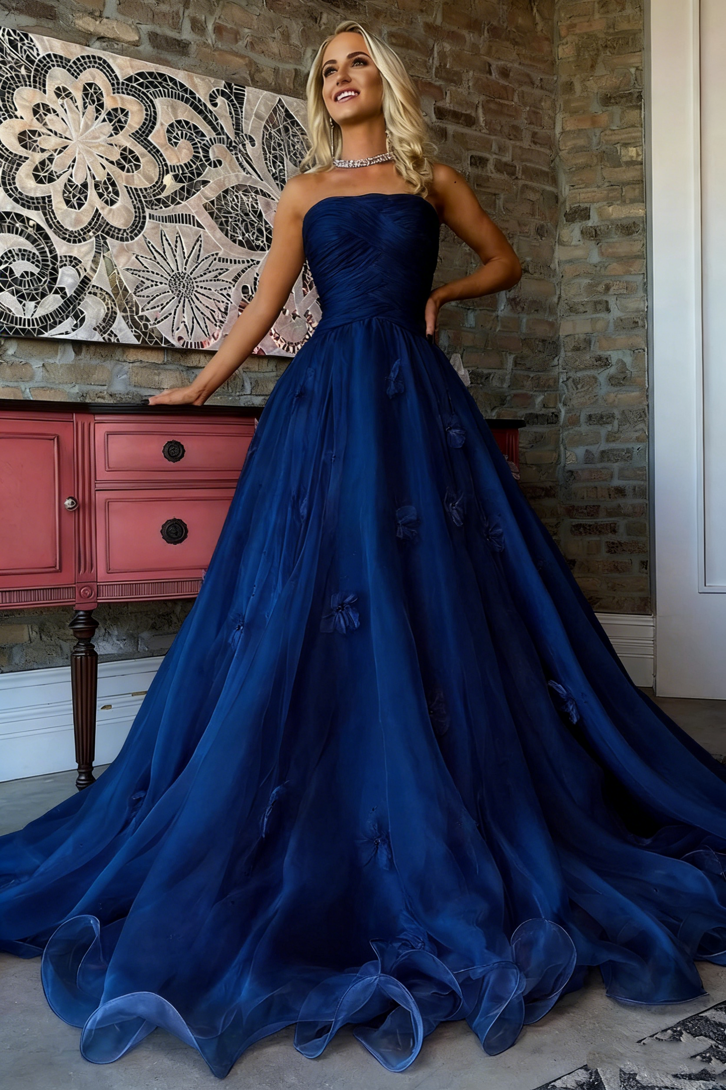 Vintage Pink Strapless Tulle Ball Gown 3D Floral Appliques Prom Dress DS2338