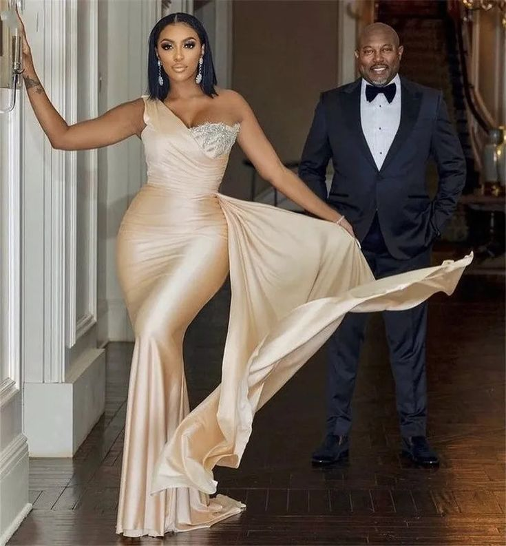 Modest Champagne One Shoulder Sleeveless Mermaid Satin Bridesmaid Dresses,DS4640