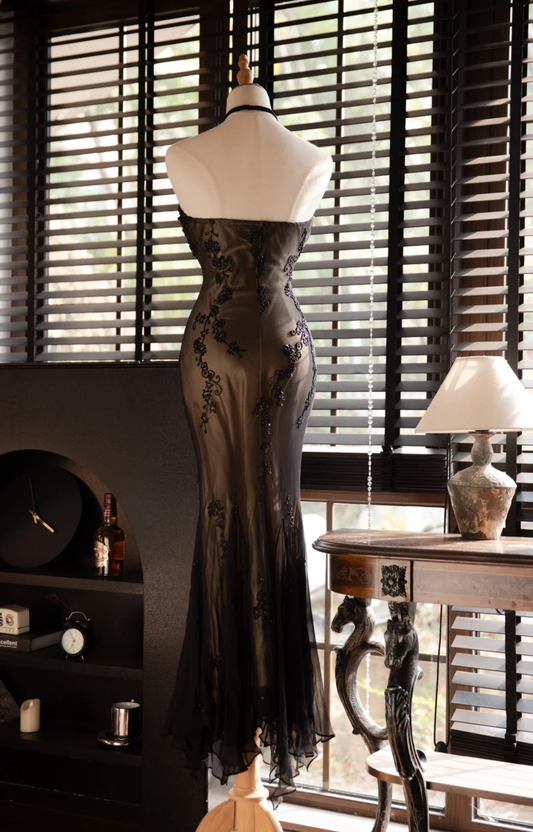 Vintage Black Applique Design Elegant Chiffon Evening Dress Prom Dress DP6017