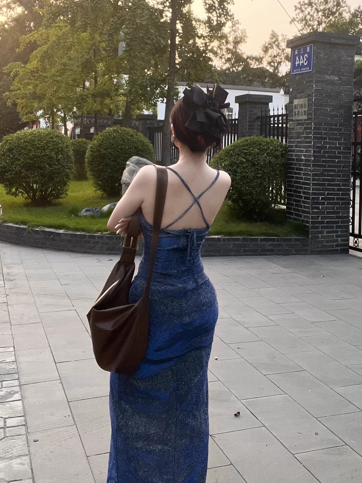 Vintage Marineblau Glänzende Pailletten Liebsten Spaghetti Strap Etuikleid Hoher Schlitz Lange Sommerkleider Ballkleid Abendkleid DP6389