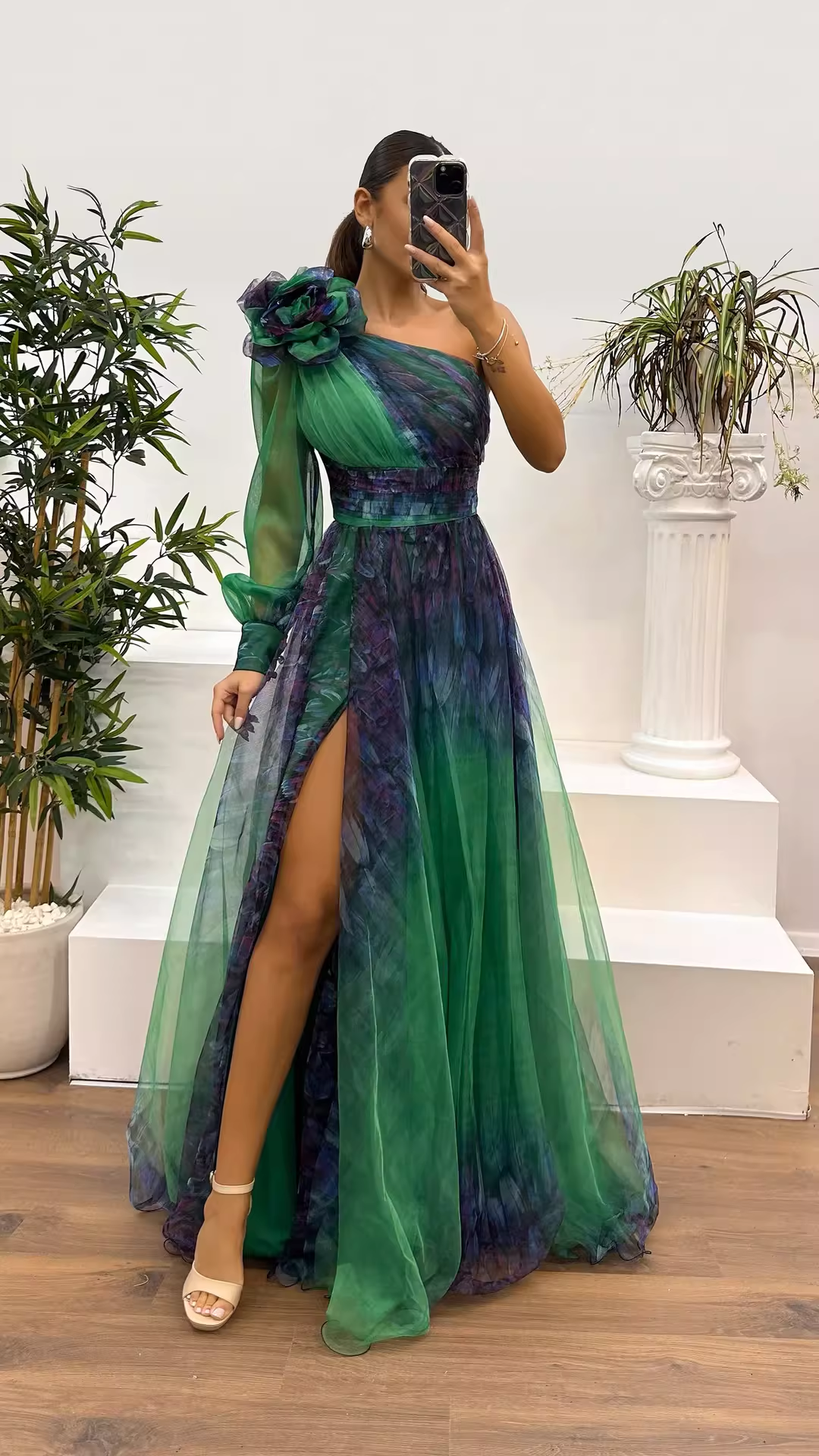 Enchanting Tulle One-Shoulder Gown 3D Floral Applique A-Line Evening Dress DP8109