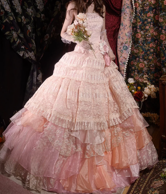 Glamorous Pink Tiered Strapless Lace Floral Sweet 16 Quinceanera Ball Gown DP7410