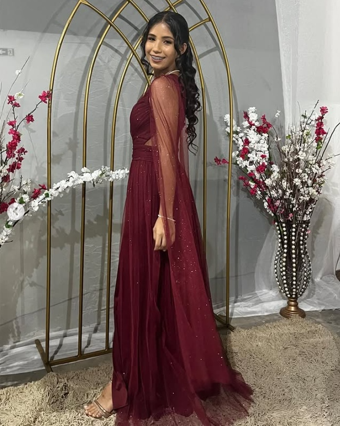 Robe de soirée longue en tulle rouge rouille, asymétrique, coupe trapèze, DP3316
