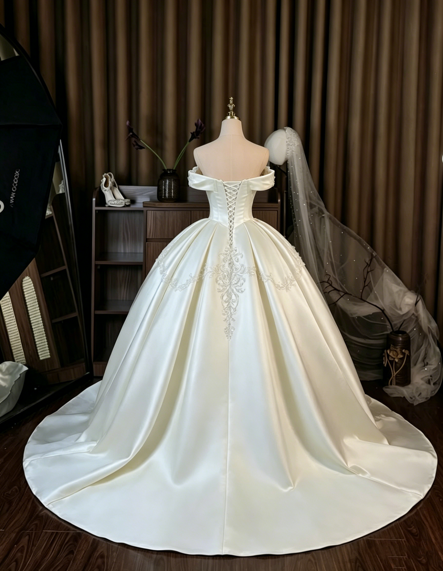 Elegant Ivory Off-the-Shoulder Satin Beaded Lace Embroidery A-Line Wedding Dress DP8592