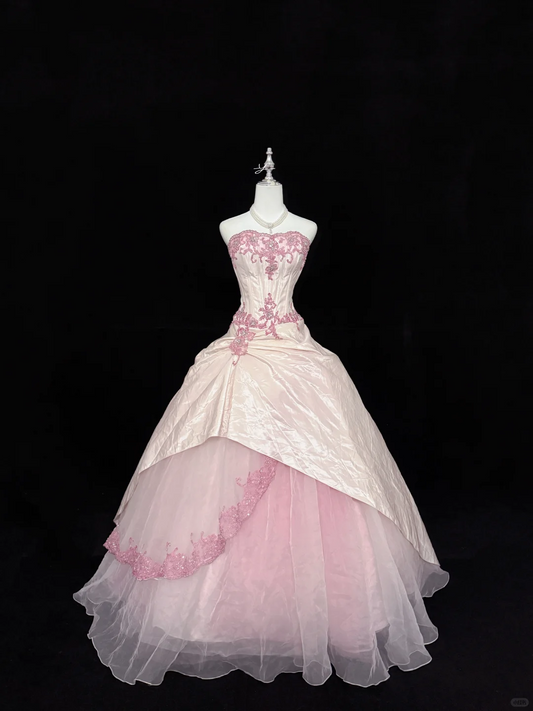 Elegantes rosa trägerloses Ballkleid mit Spitze und Tüll für Sweet 16 Quinceanera DP8250