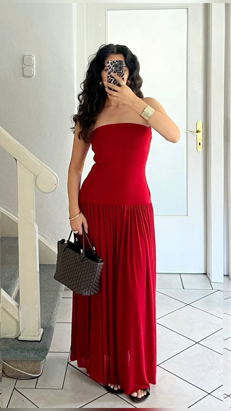 Charming Red Strapless A-Line Long Party Dress Wedding Guest Dress, DP3787