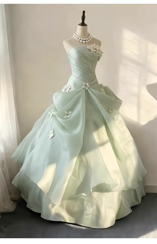 Elegant Mint Green Strapless 3D Floral Ruched Bodice Layered Tulle Quinceanera Ball Gown DP8237
