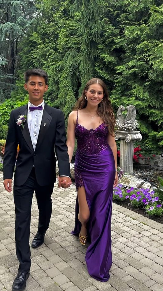 Glamorous Purple Satin Mermaid Prom Gown Beaded Lace Bodice & High Slit Evening Dress DP8043