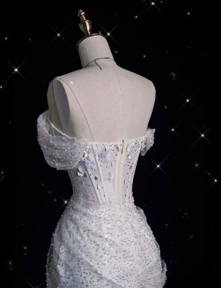 White Off Shoulder Sequins Mermaid Long Prom Dress Wedding Dress, DP3655
