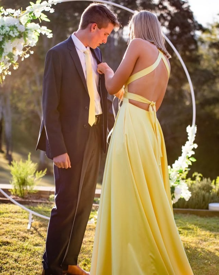 Yellow Deep V Neck A-Line Backless Formal Party Dress with Slit,DP1976