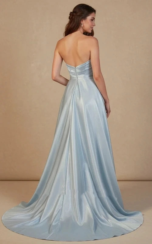 Elegant Light Blue Satin Prom Dress Strapless Sweetheart Ruched A-Line Evening Party Dress DP8194