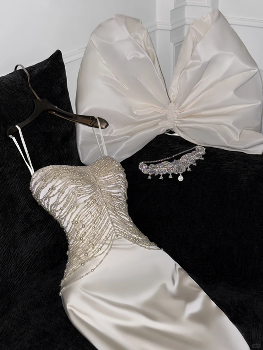 Elegantes Elfenbein Herzausschnitt Satin Perlen Design Wunderschöne Meerjungfrau Bodenlange Brautkleid, DP6172