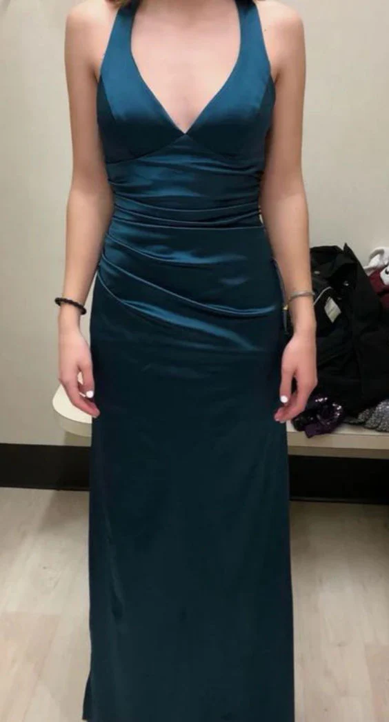 Robe de soirée longue en satin bleu marine à col en V et dos nu, DP4369